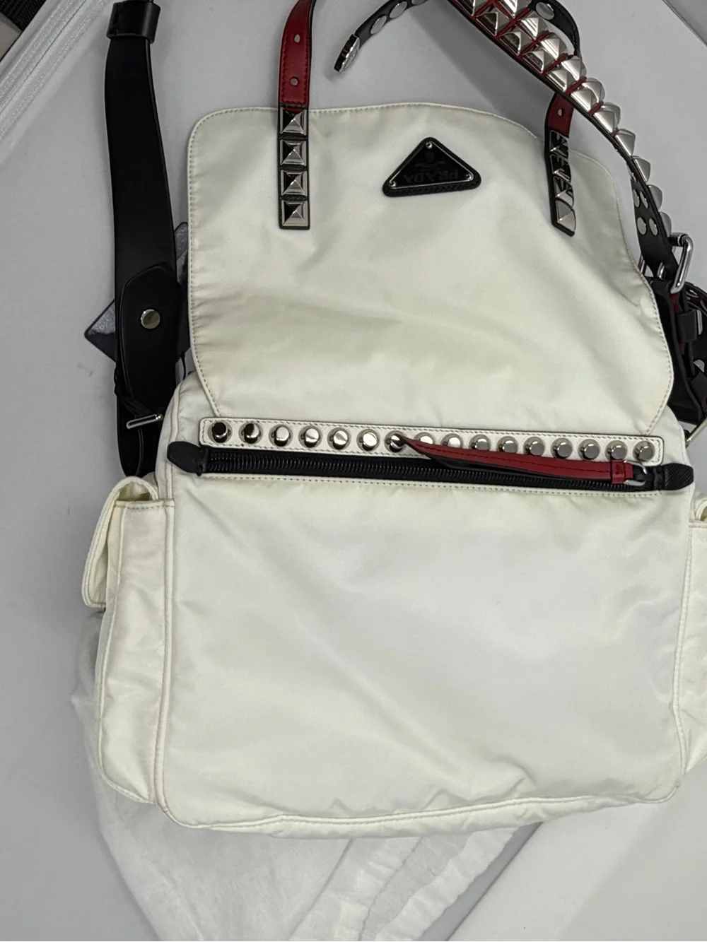 Prada White Nylon Shoulder Bag with Red Trim & Silver Studs